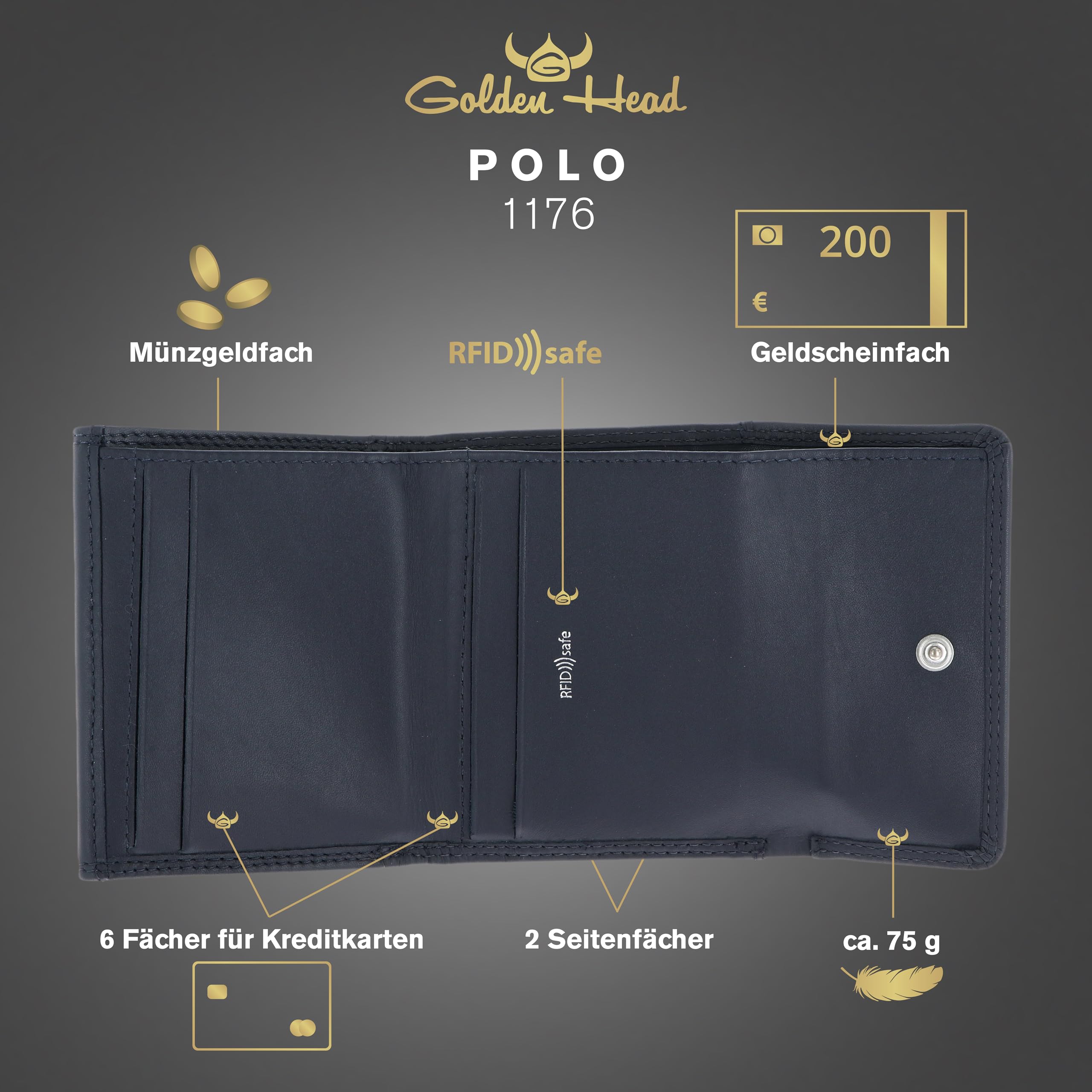 Golden Head Polo 1176 Geldbörse Marineblau RFID Rindleder