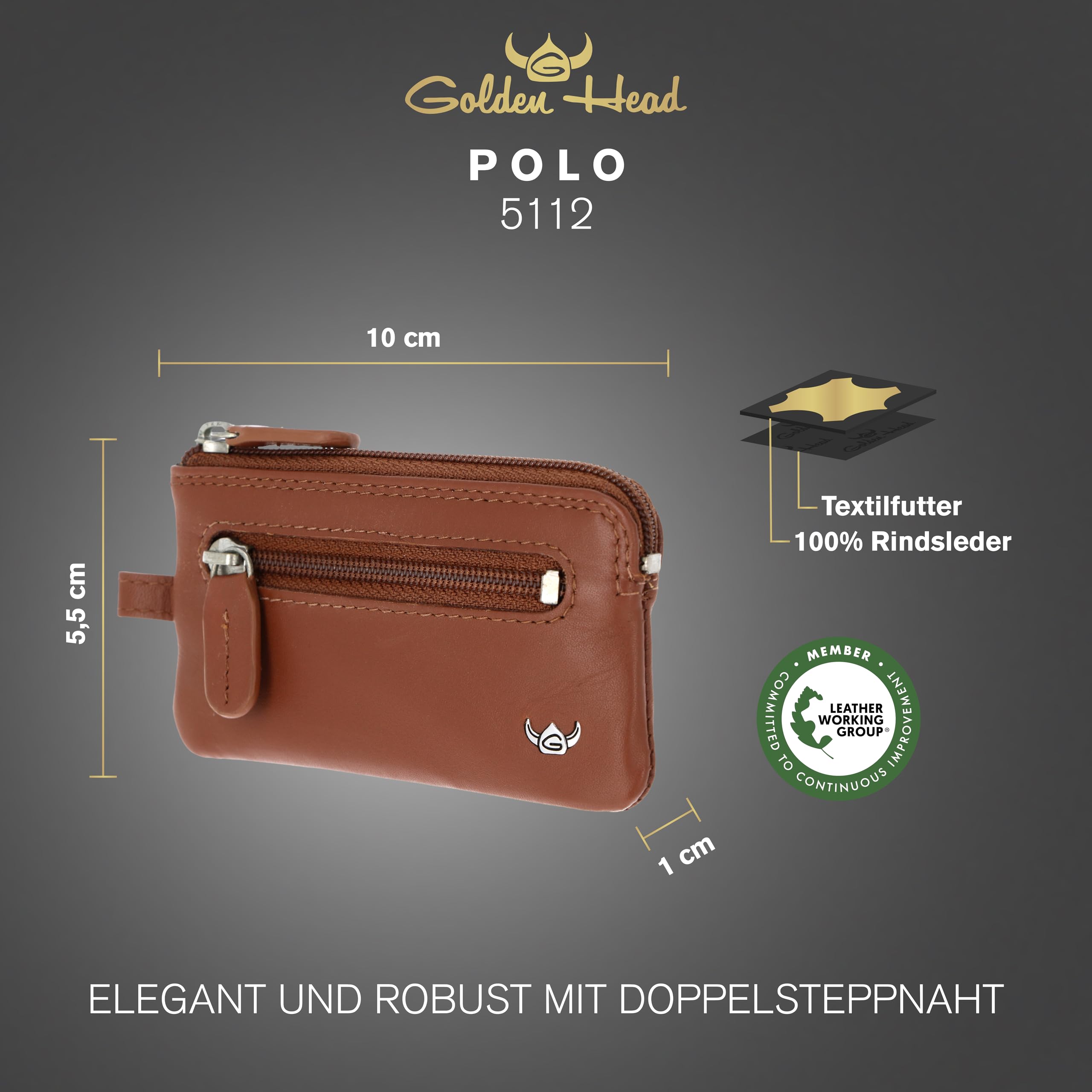 Golden Head Polo Schlüsselmäppchen Cognac Rindsleder Zipper