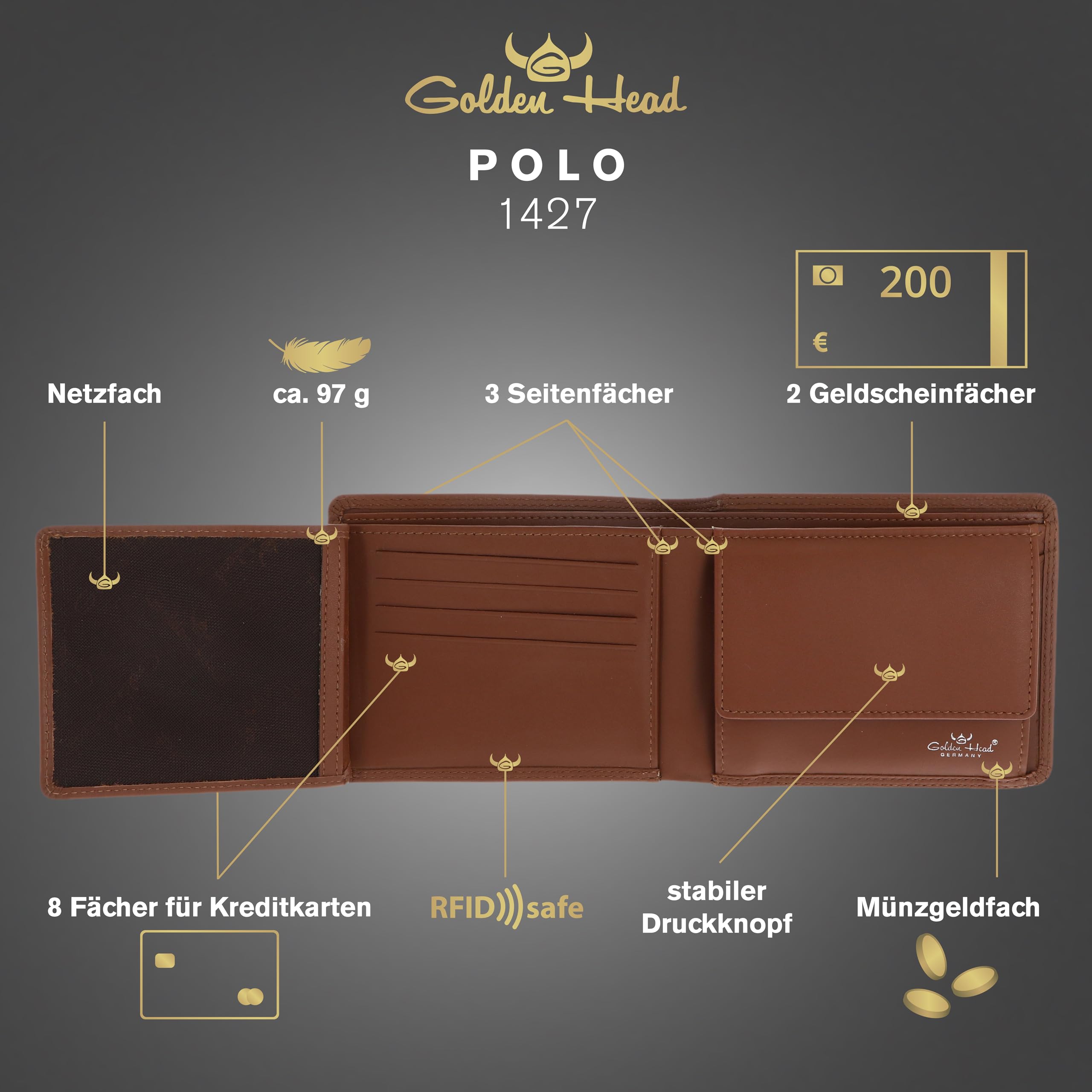 Golden Head Polo 1427 Geldbörse Cognac Rindsleder RFID