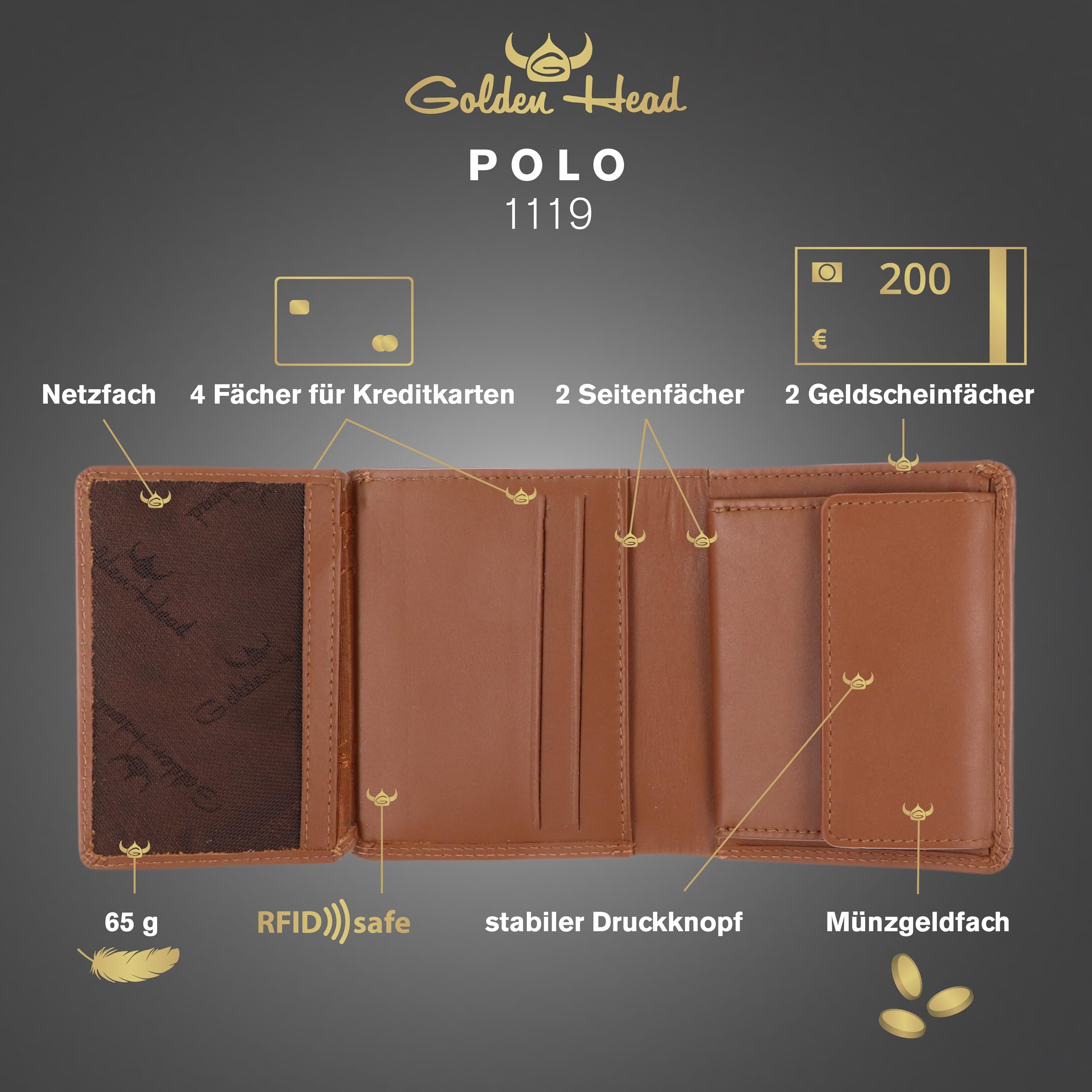 Golden Head Polo 1119 Geldbörse Cognac Rindsleder RFID
