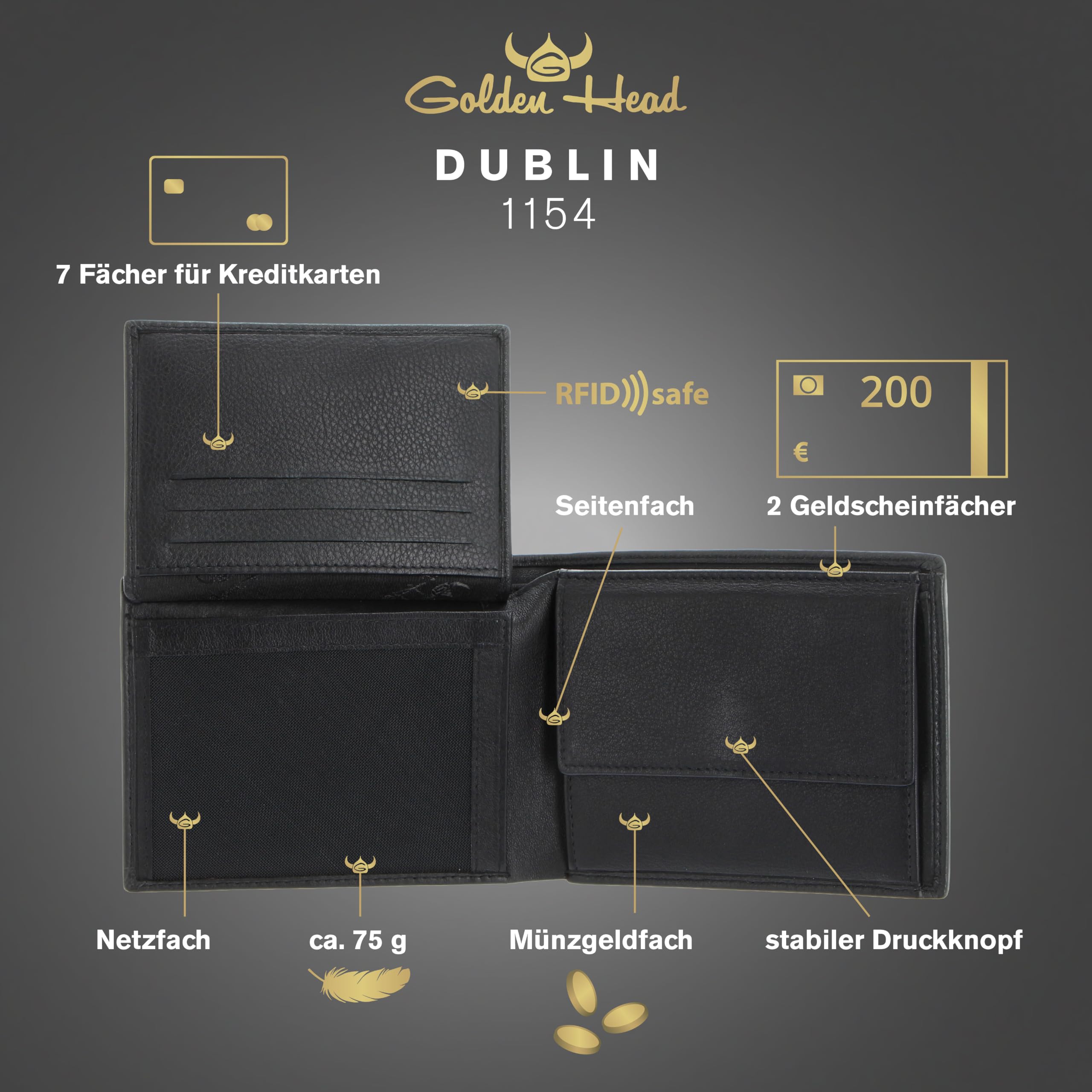 Golden Head Dublin 1154 Geldbörse Schwarz RFID Rindleder