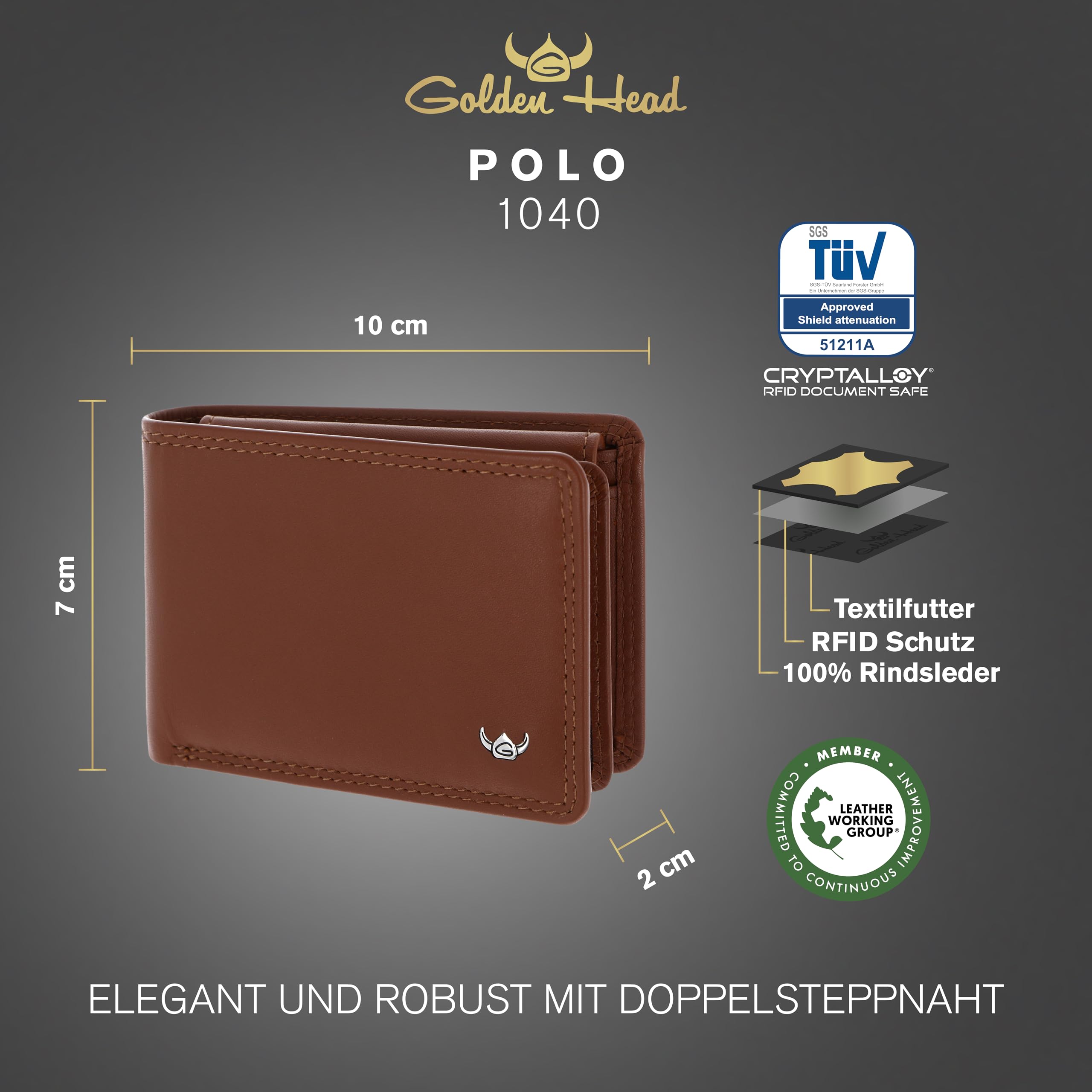 Golden Head Polo Minischeintasche 1040 Geldbörse Cognac RFID