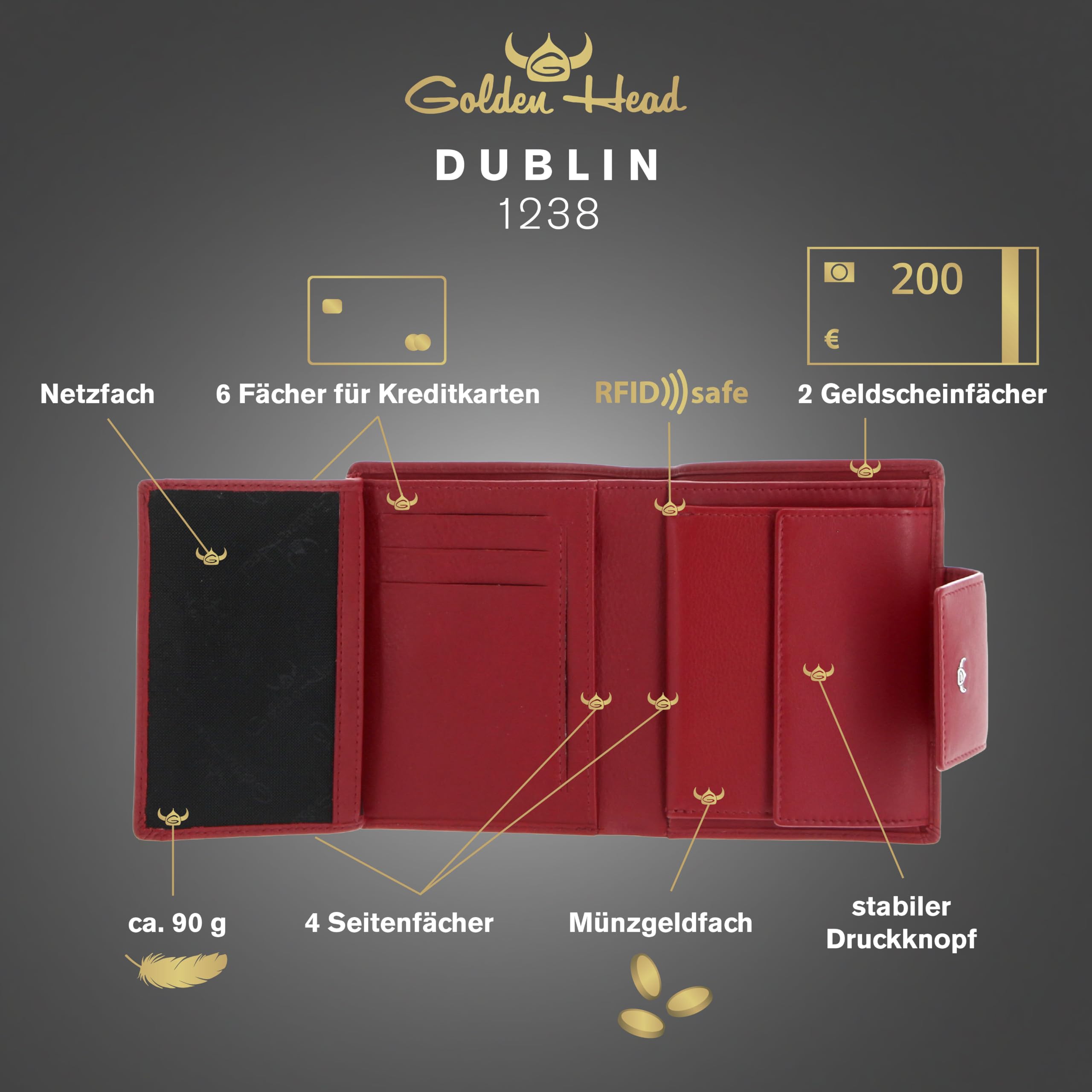 Golden Head Polo Dublin 1238 Geldbörse Rot RFID Rindsleder