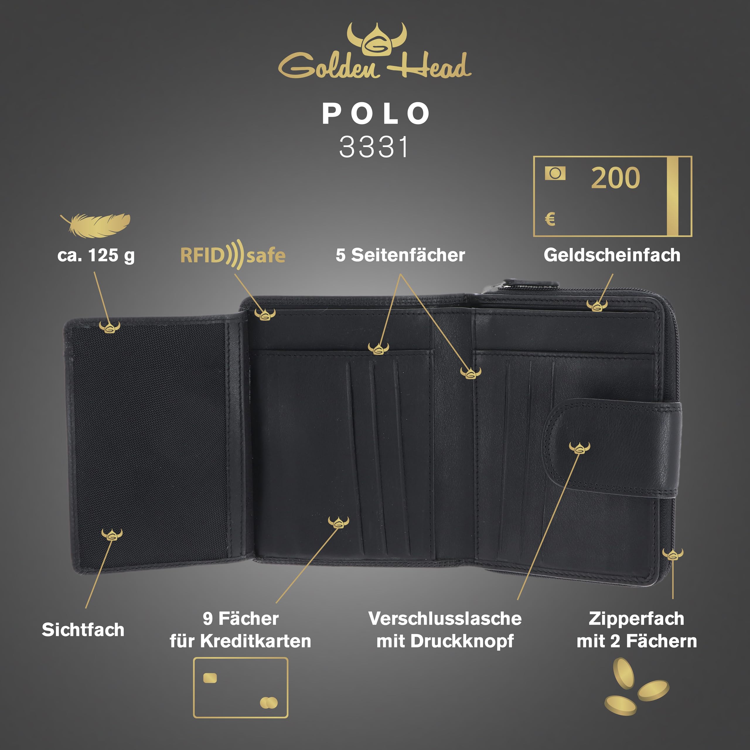 Golden Head Polo 3331 Geldbörse Schwarz RFID Rindsleder Zipper