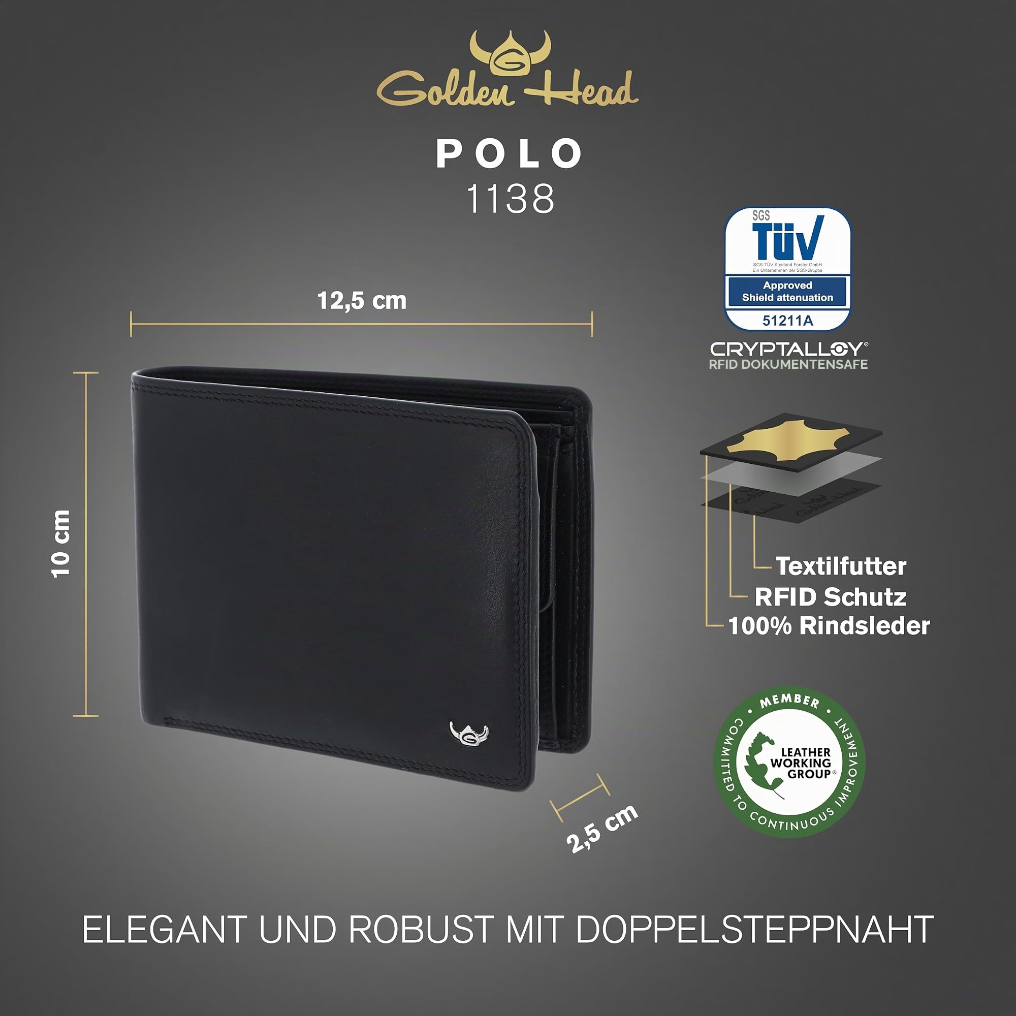 Golden Head Polo 1138 Geldbörse Schwarz RFID Münzfach