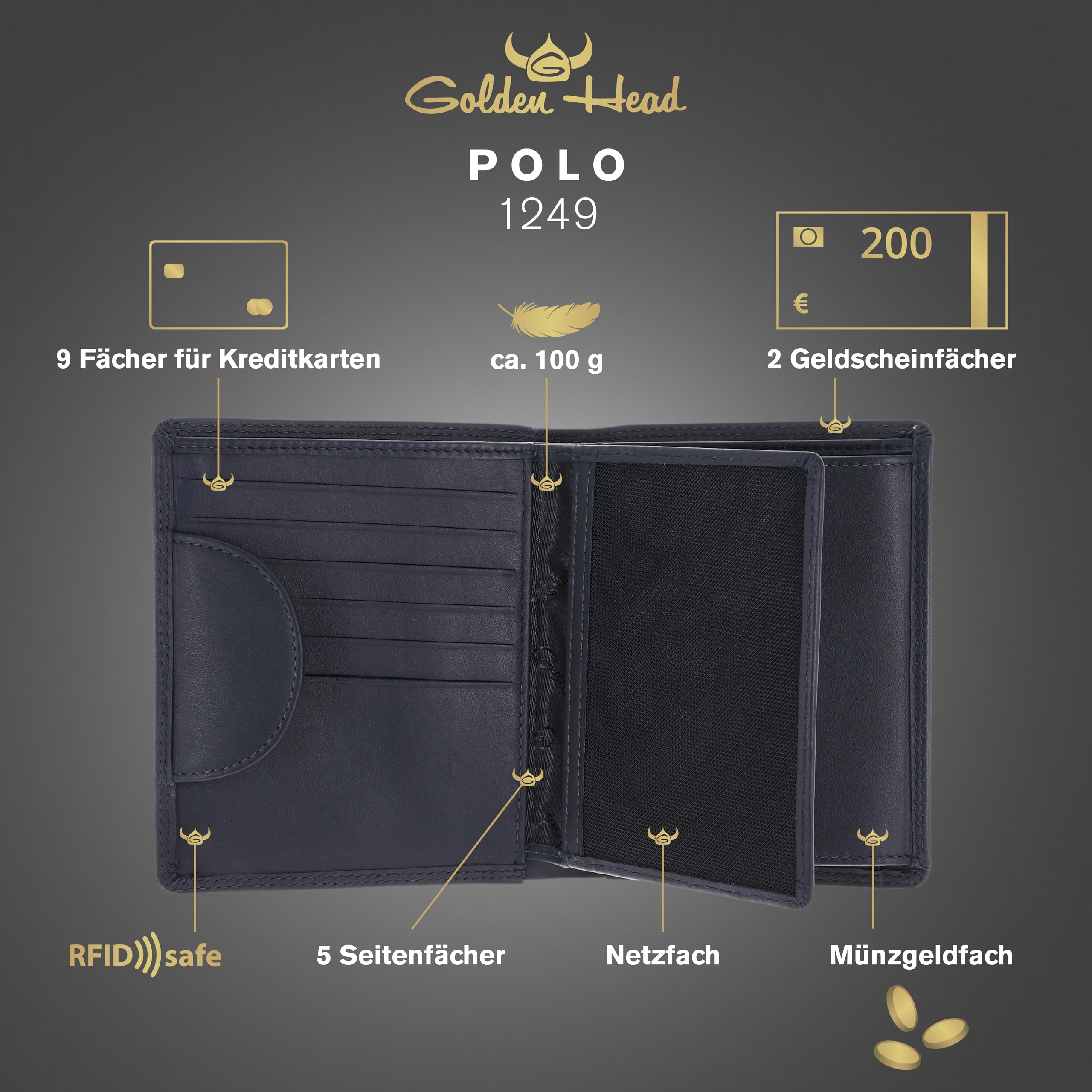 Golden Head Polo Kombischeintasche 1249 Geldbörse Blau RFID