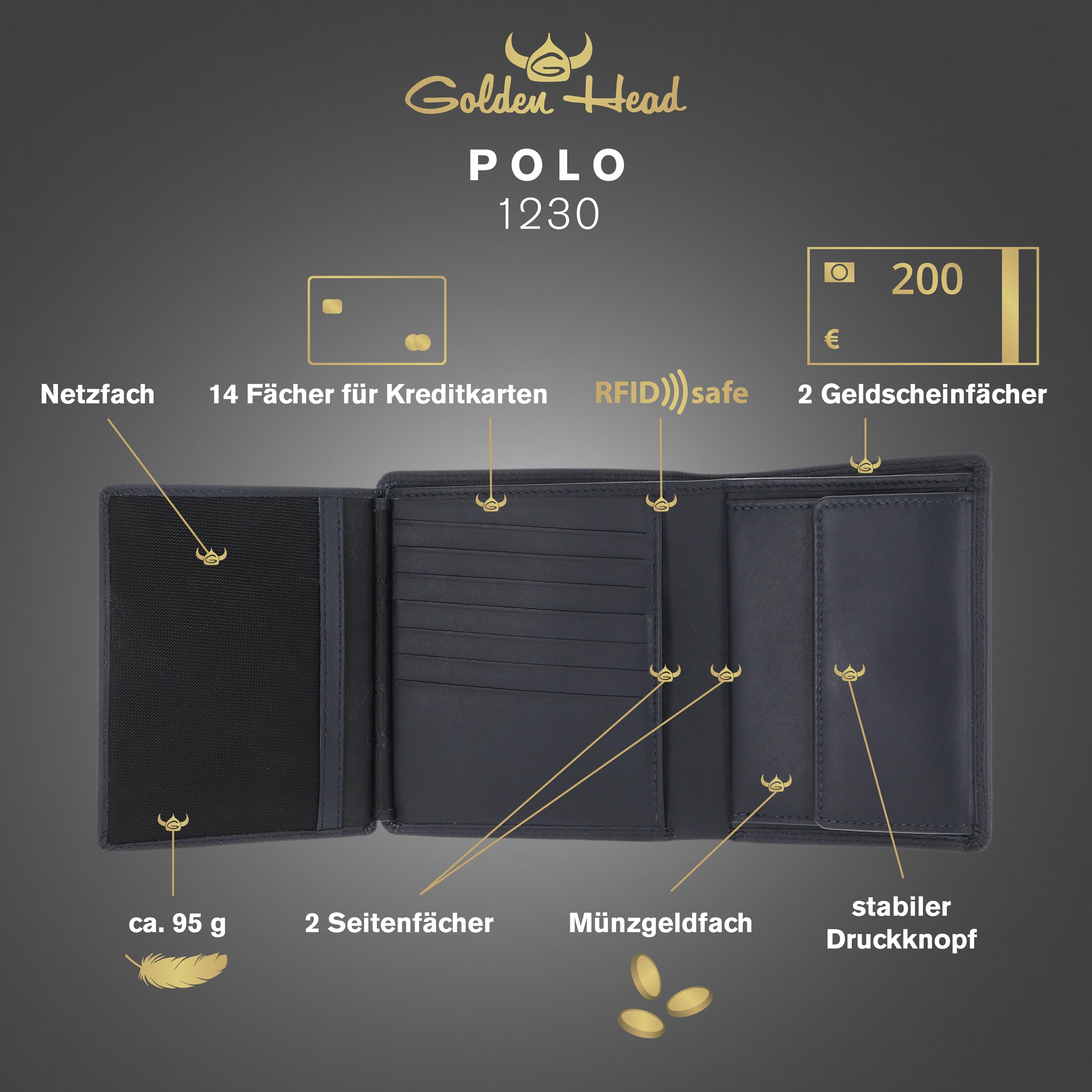 Golden Head Polo 1230 Geldbörse Marineblau Rindsleder RFID