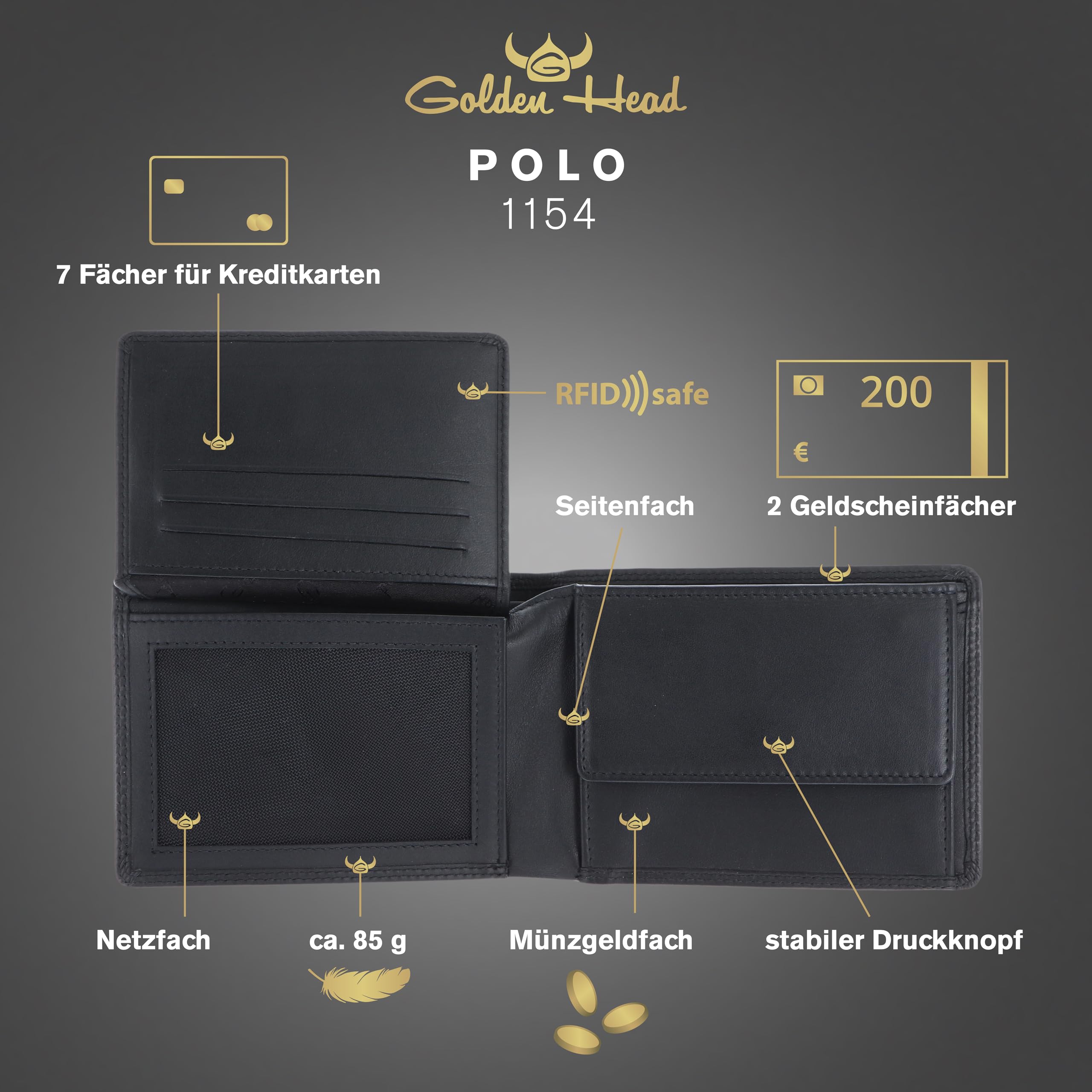 Golden Head Polo 1154 Geldbörse Schwarz Rindsleder RFID