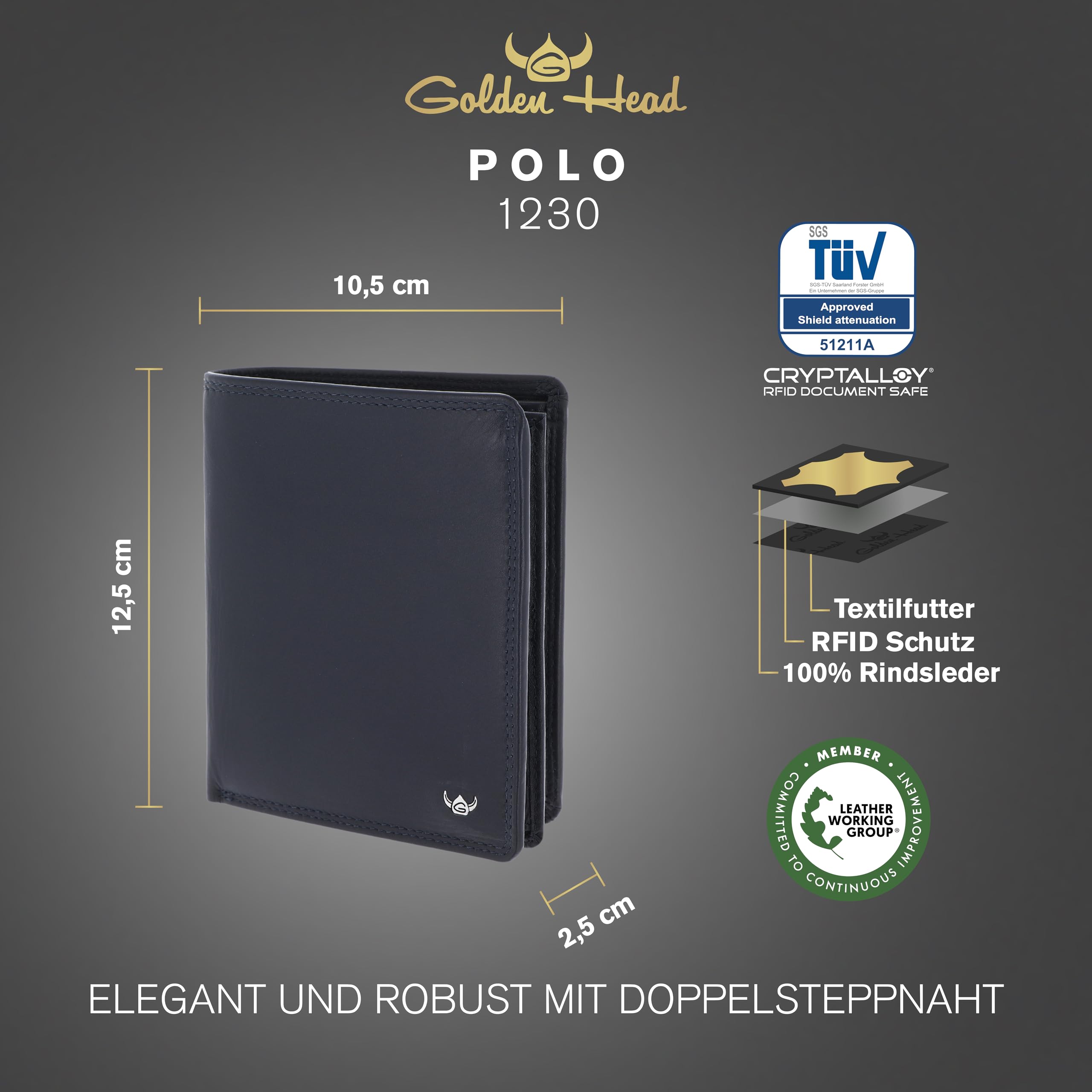 Golden Head Polo 1230 Geldbörse Marineblau Rindsleder RFID