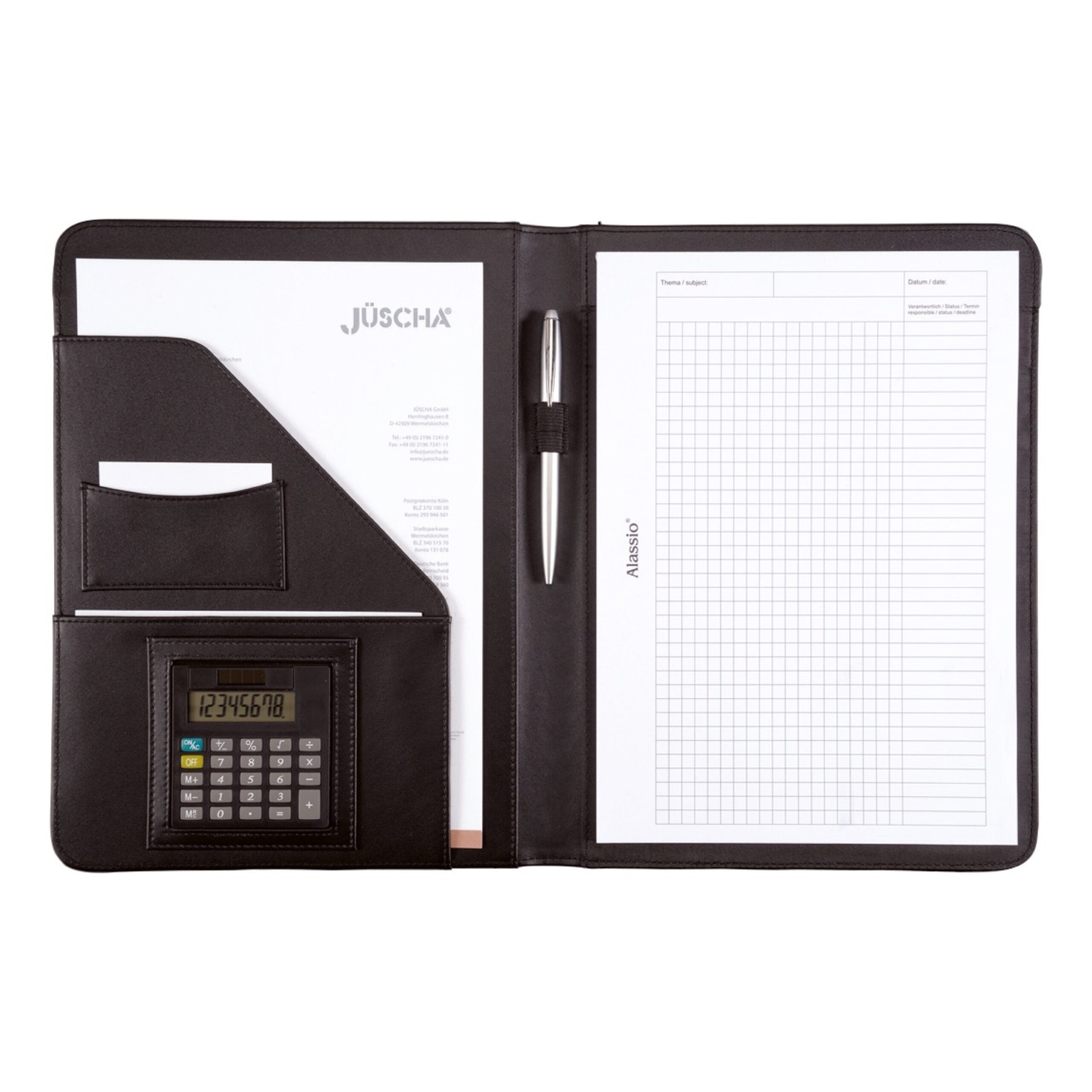 Alassio Mares Schreibmappe A4 Schwarz Taschenrechner Block