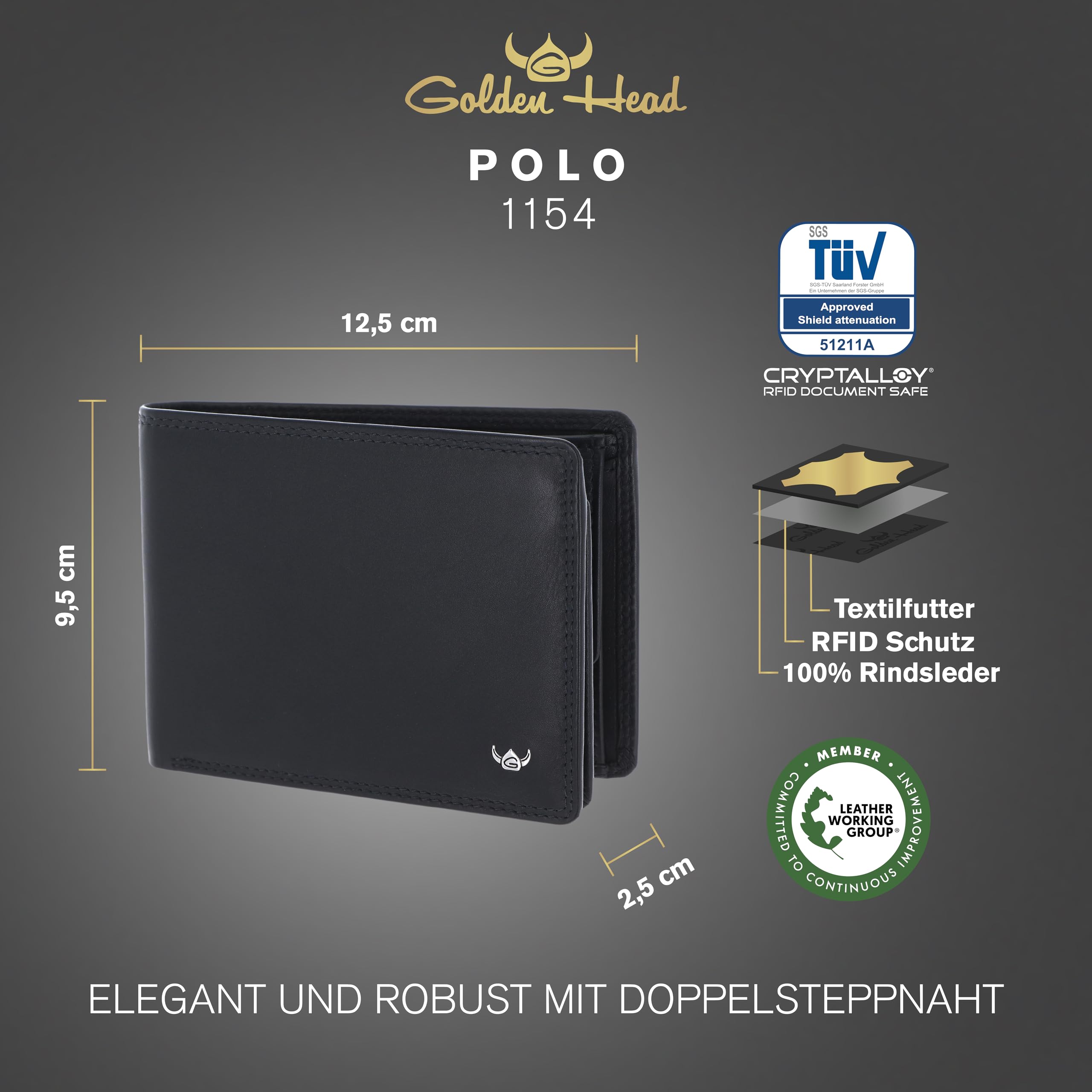 Golden Head Polo 1154 Geldbörse Schwarz Rindsleder RFID