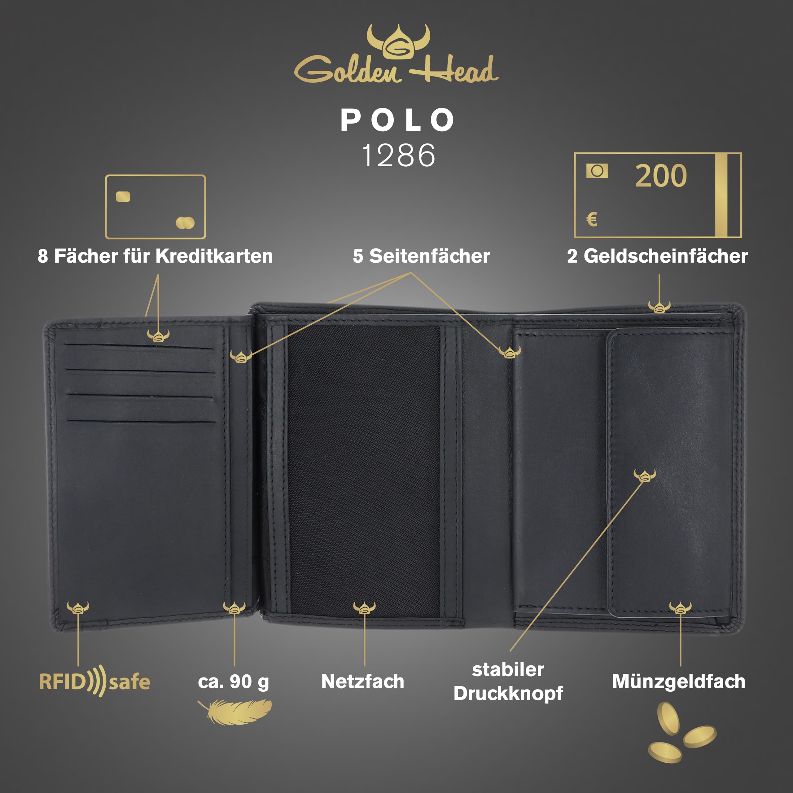 Golden Head Polo Kombischeintasche 1286 Geldbörse Schwarz RFID
