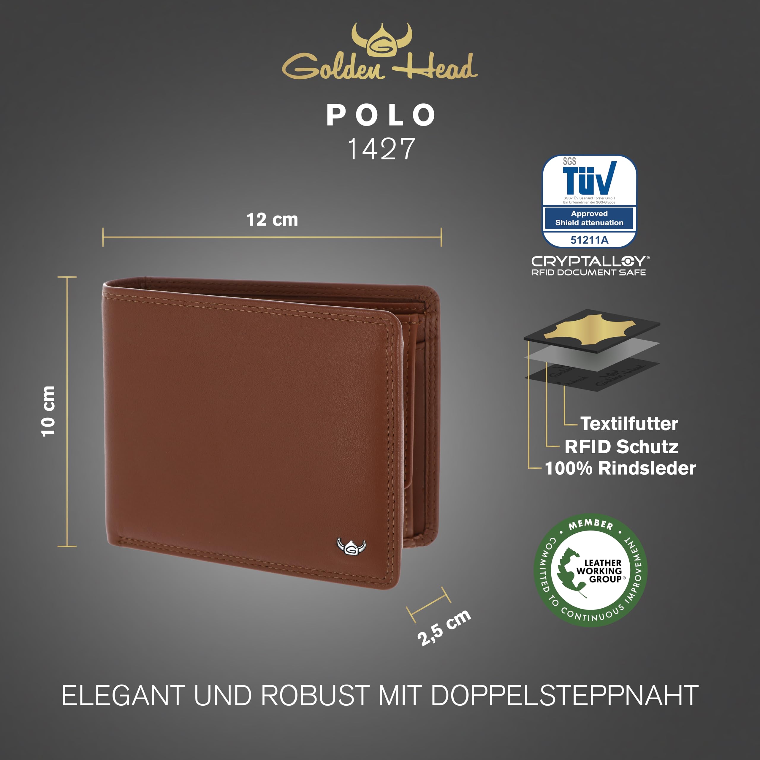 Golden Head Polo 1427 Geldbörse Cognac Rindsleder RFID
