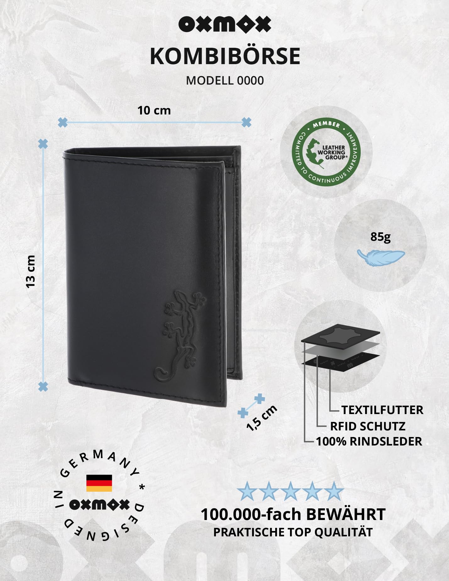 oxmox Leather Kombibörse Lizard Black Rindsleder RFID