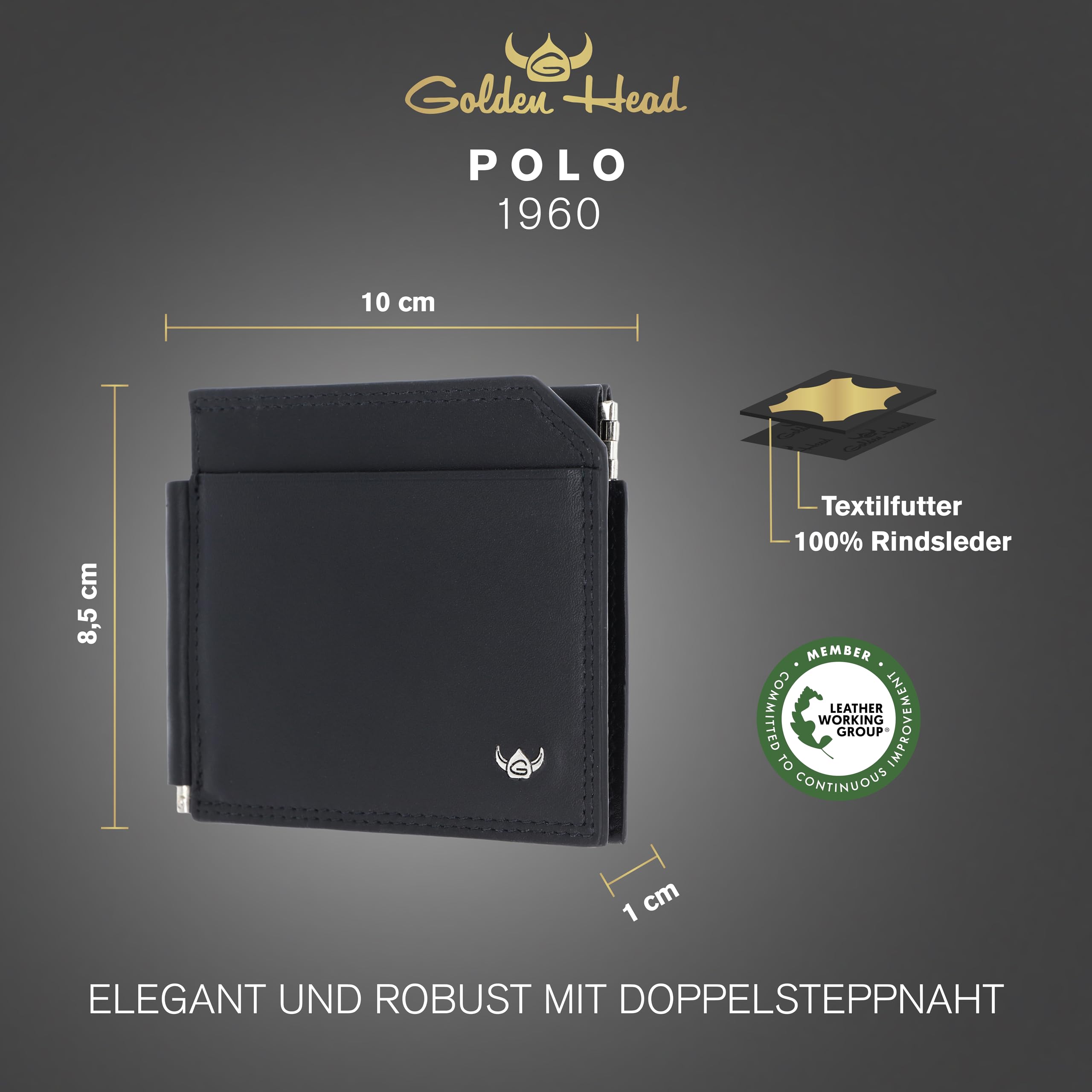 Golden Head Polo Clip-Scheintasche 1960 Schwarz Geldklammer Leder