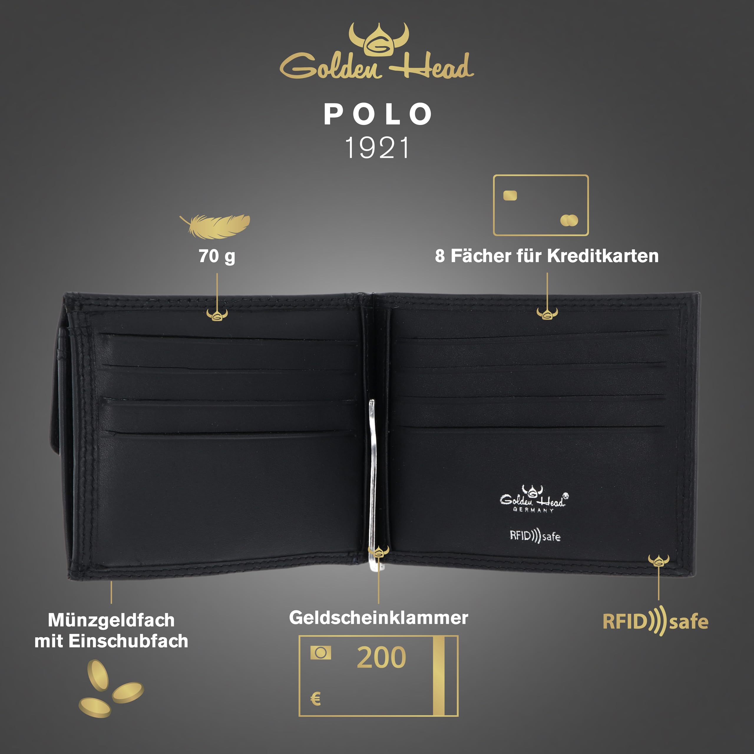 Golden Head Polo 1921 Geldklammer Geldbörse Schwarz RFID Rindsleder