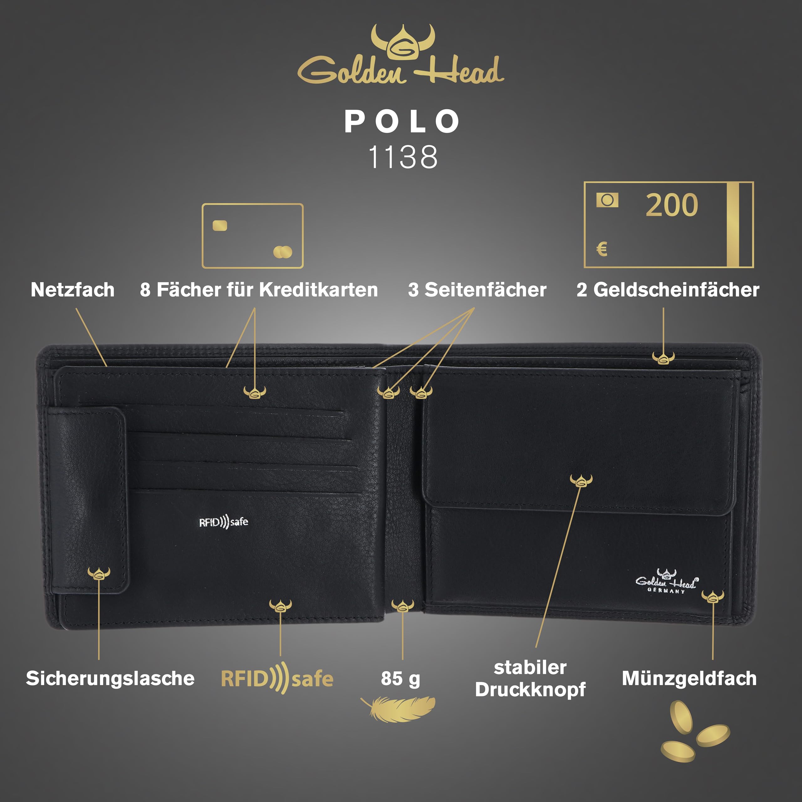 Golden Head Polo 1138 Geldbörse Schwarz RFID Münzfach