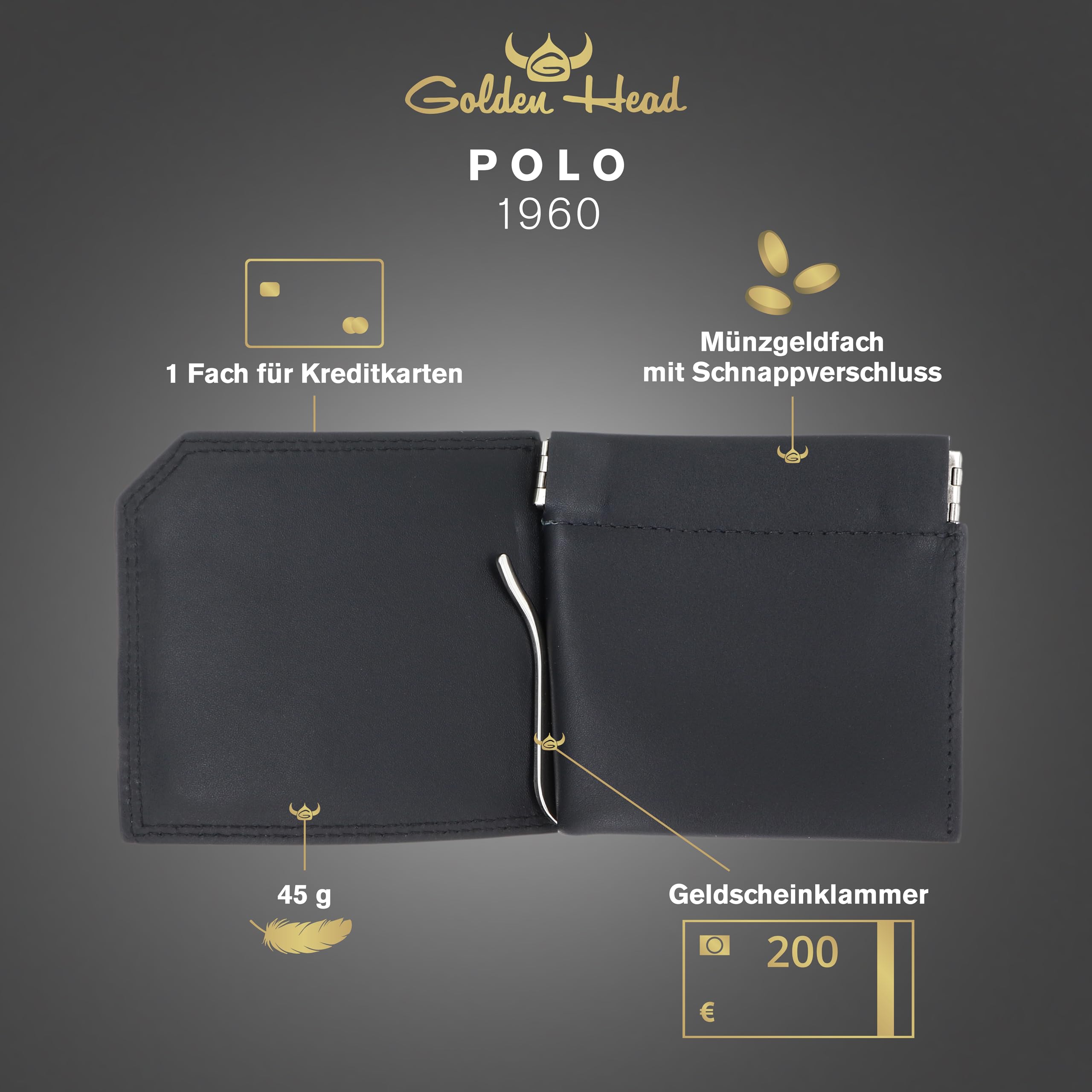 Golden Head Polo Clip-Scheintasche 1960 Schwarz Geldklammer Leder