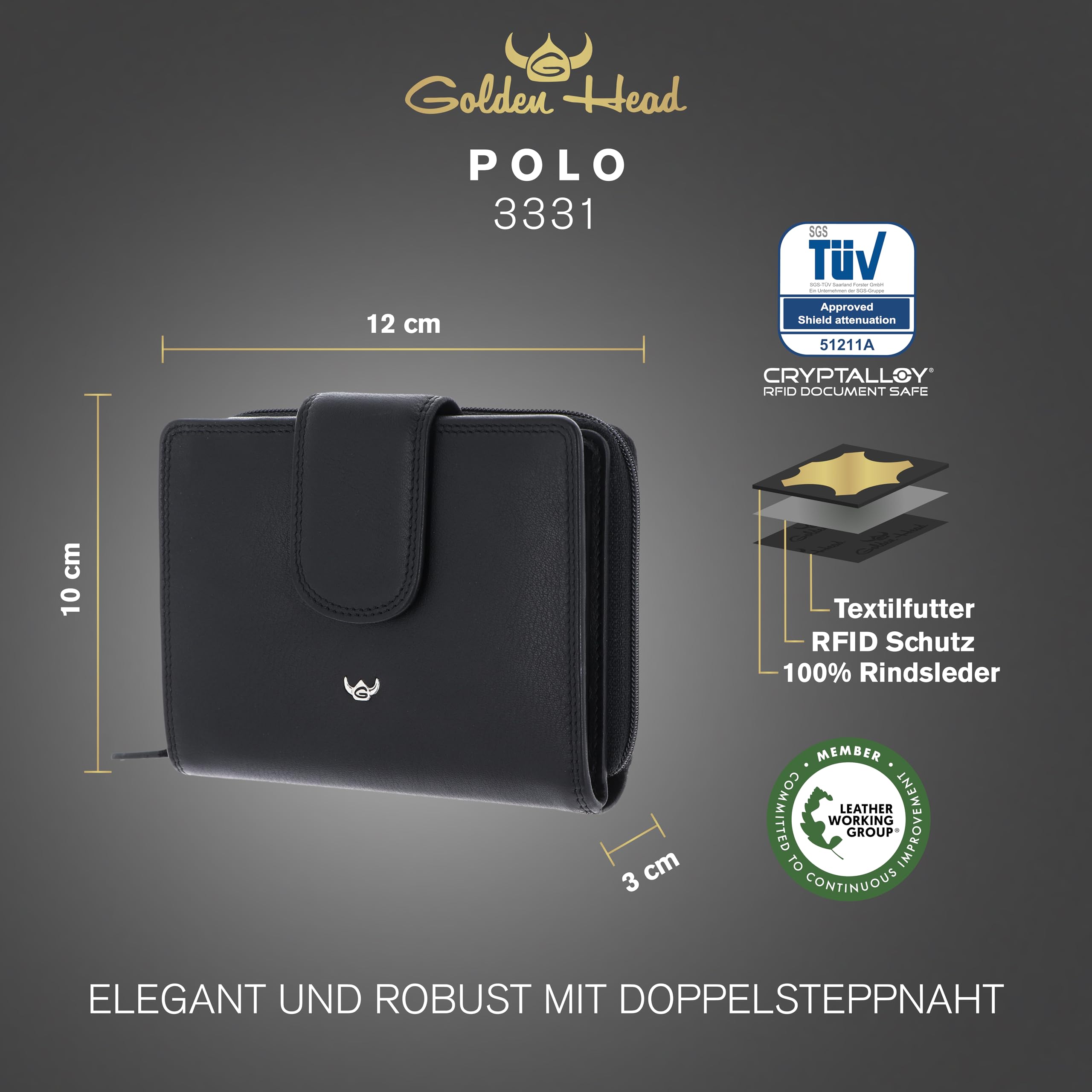 Golden Head Polo 3331 Geldbörse Schwarz RFID Rindsleder Zipper