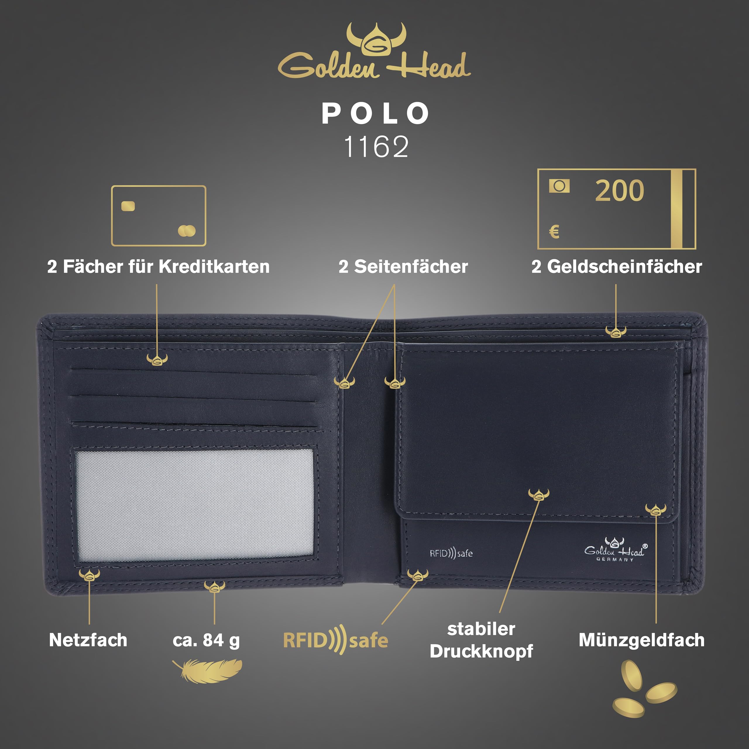 Golden Head Polo 1162 Geldbörse Marineblau Rindsleder RFID