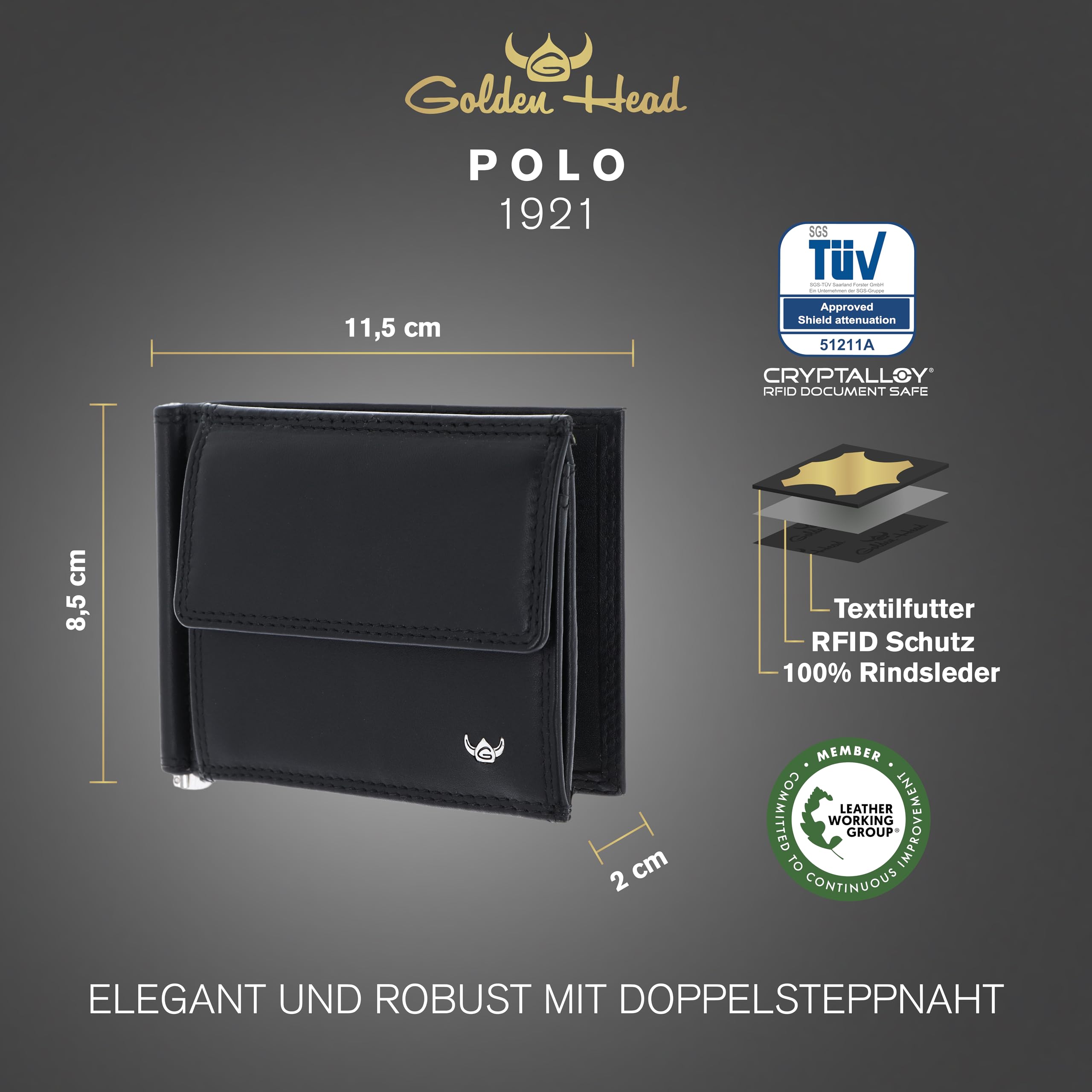 Golden Head Polo 1921 Geldklammer Geldbörse Schwarz RFID Rindsleder