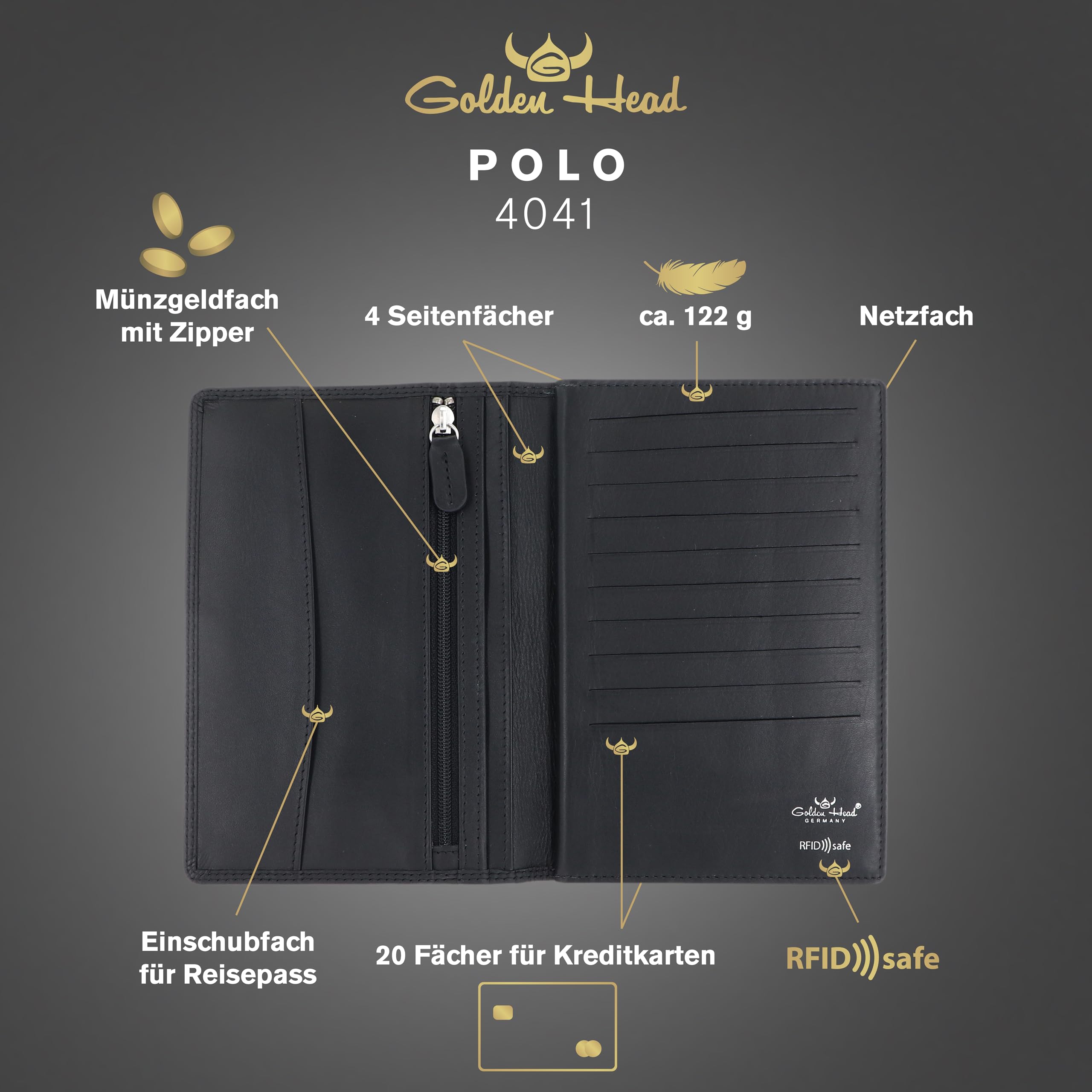 Golden Head Polo 4041 Ausweisetui Schwarz RFID Rindsleder