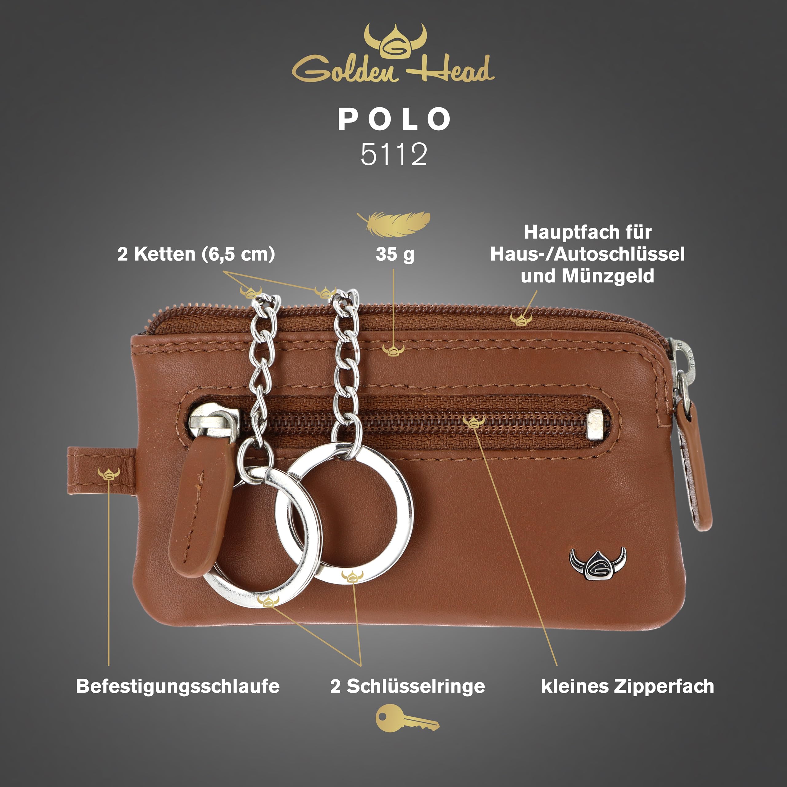 Golden Head Polo Schlüsselmäppchen Cognac Rindsleder Zipper