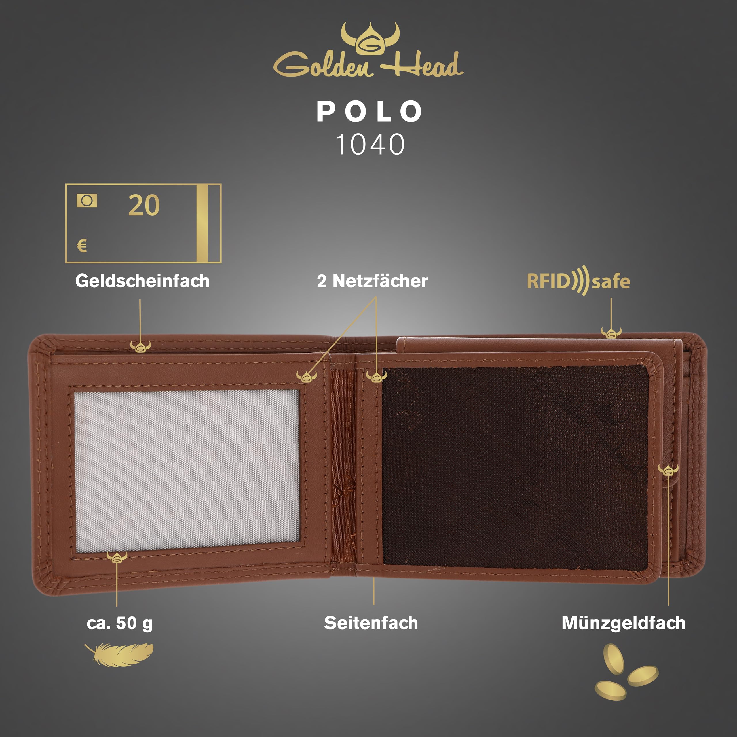 Golden Head Polo Minischeintasche 1040 Geldbörse Cognac RFID
