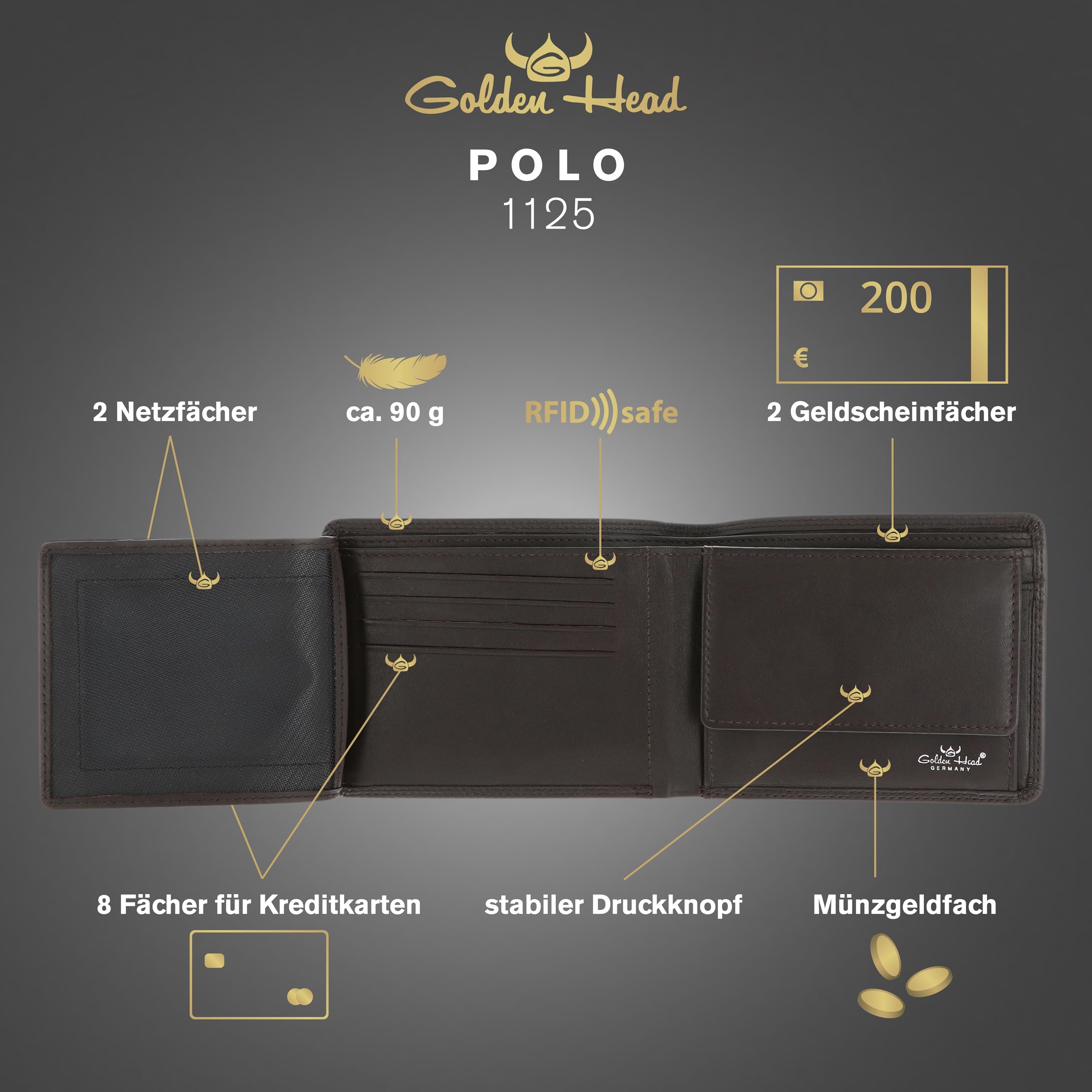 Golden Head Polo Scheintasche 1125 Geldbörse Dunkelbraun RFID